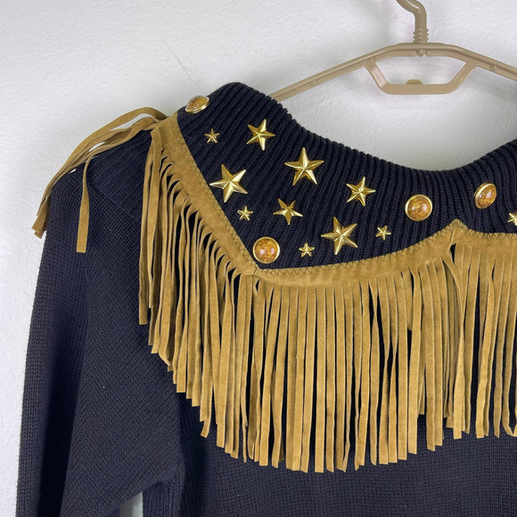Vintage Suzy T Western Fringe Black Ribbed Star Studded Sweater Women's Medium - Picture 7 of 9